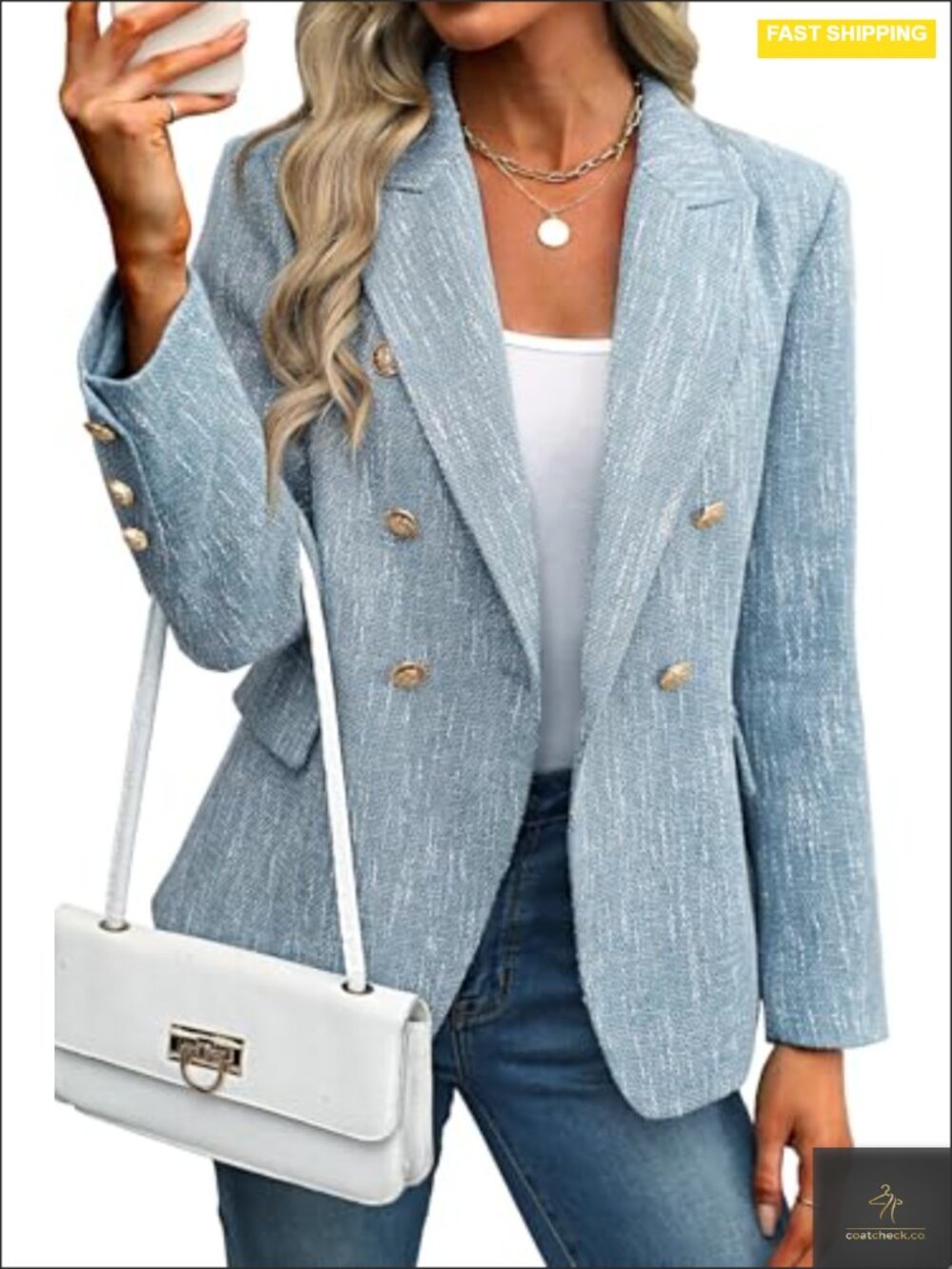 Women Tweed Blazer Double-Breasted Notch Collar Long Sleeve Lined Flap Pockets